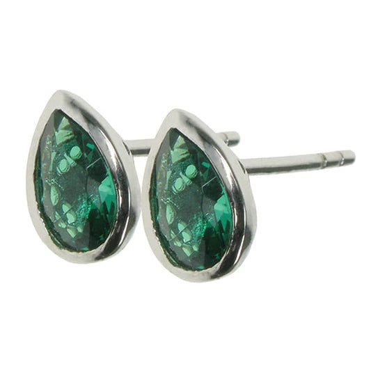 Silver and Created Emerald pear stud earrings