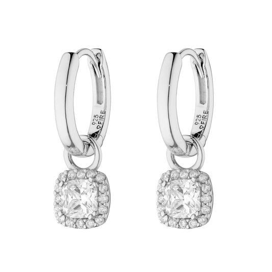 Diamonfire silver and cubic zirconia square cluster charm hoop earrings.