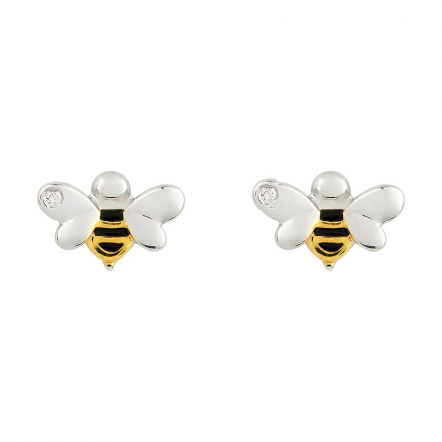 D For Diamond Silver And Gold detail With Diamond Bee Stud Earrings