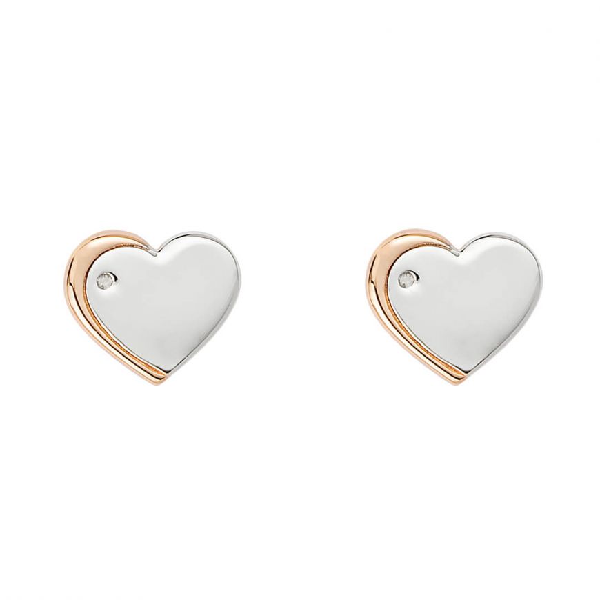 D For Diamond Silver And Rose Gold Plated detail With Diamond Heart Stud Earrings