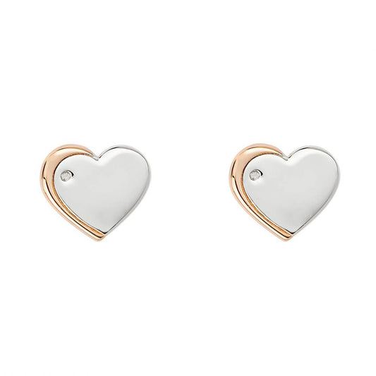 D For Diamond Silver And Rose Gold Plated detail With Diamond Heart Stud Earrings