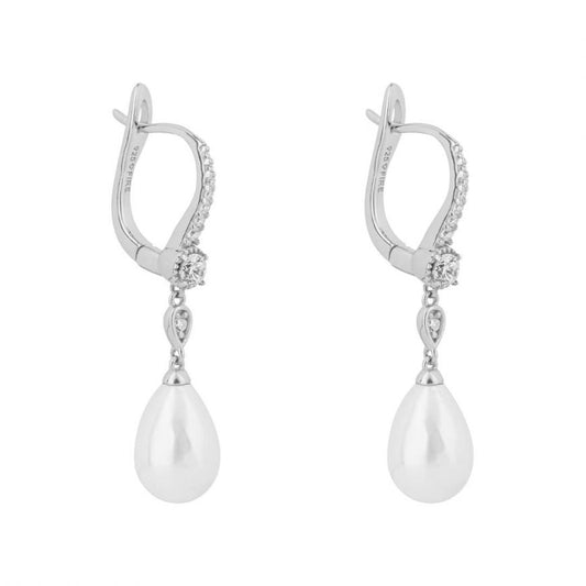 Diamonfire Silver, Shell Pearl And Cubic Zirconia Lever Hook Earrings.