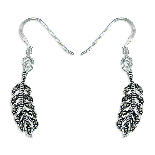 Silver Marcasite leaf shaped Drop Earrings