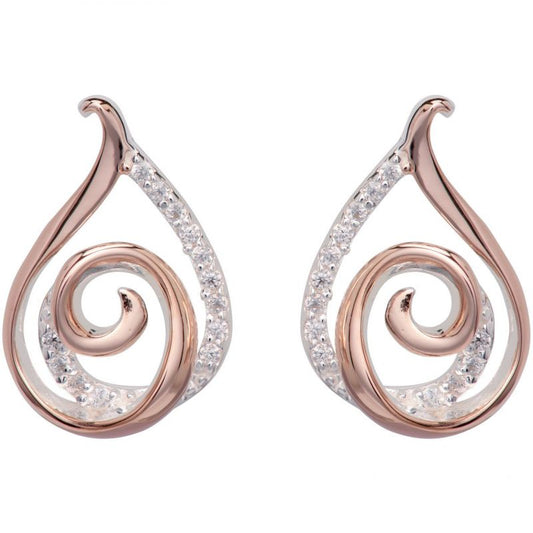 Silver, Rose Gold detail and Cubic Zirconia teardrop swirl stud earrings