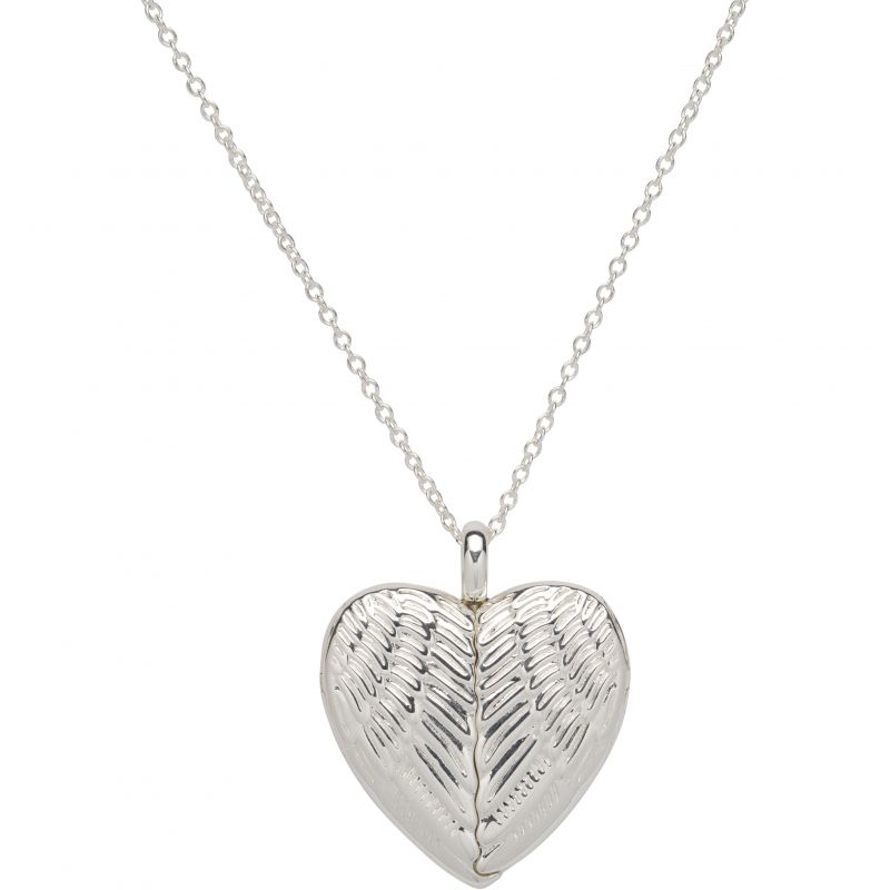 Silver heart locket with feather pattern detail