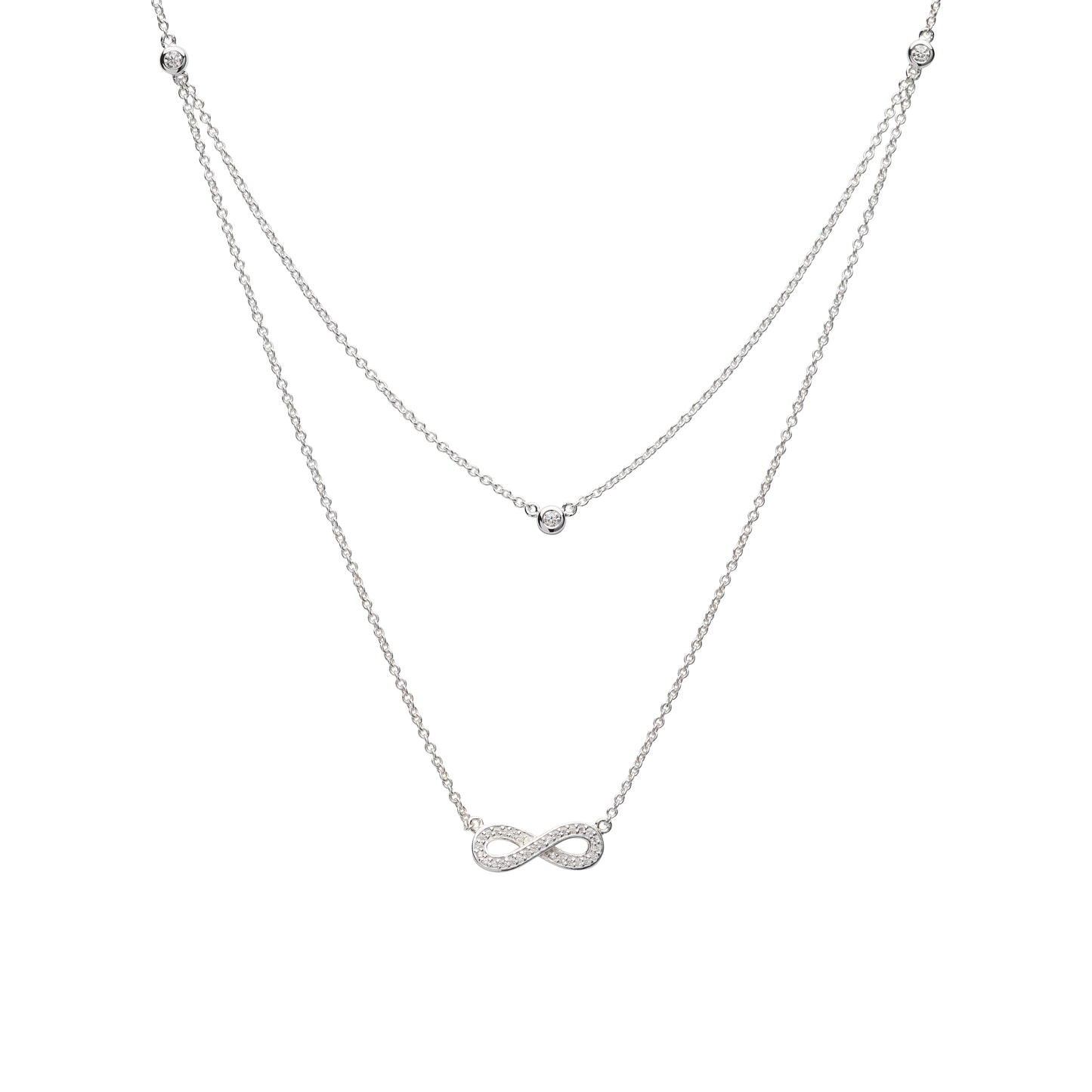Silver and cubic zirconia infinity style double necklet