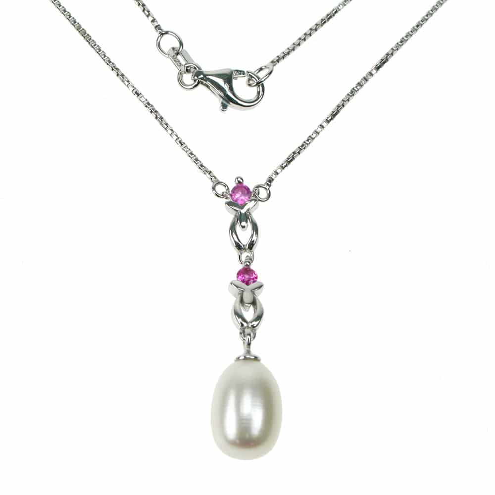 Silver, Freshwater Pearl and created Ruby drop pendant