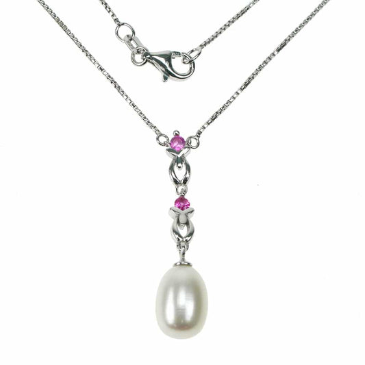 Silver, Freshwater Pearl and created Ruby drop pendant