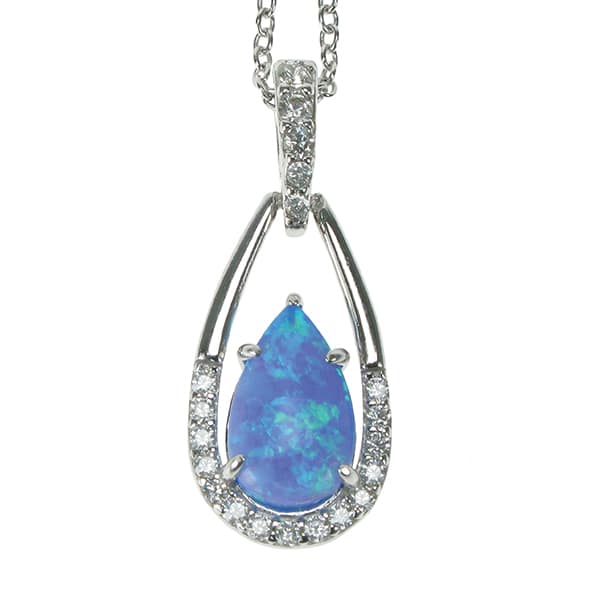 Silver, Blue Opalique and Cubic Zirconia teardrop pendant