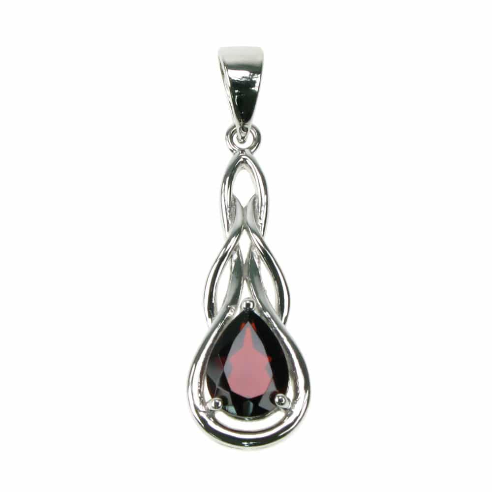 silver and garnet long patterned teardrop pendant