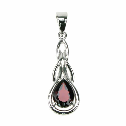 silver and garnet long patterned teardrop pendant