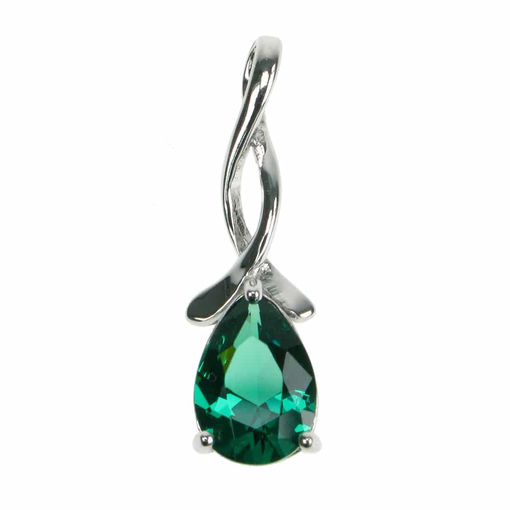 silver and created Emerald pear twist pendant