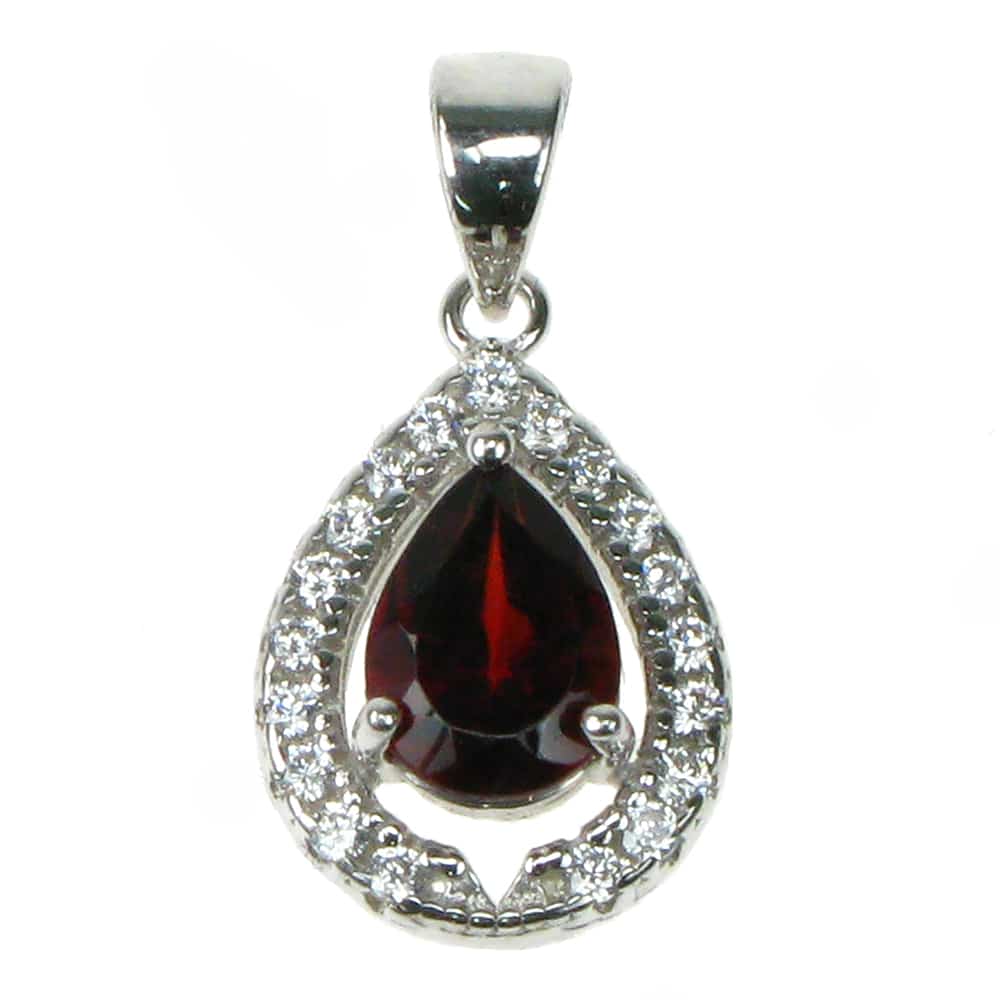 Silver, Garnet and Cubic Zirconia teardrop pendant