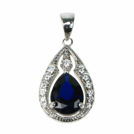 silver Created Sapphire and Cubic Zirconia bindi style drop pendant necklace