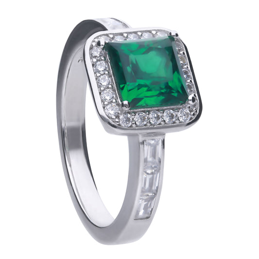 Diamonfire silver with green and white square cubic zirconia halo ring