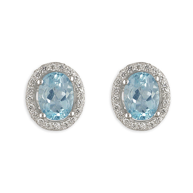Silver, Blue Topaz and Cubic Zirconia oval Stud Earrings