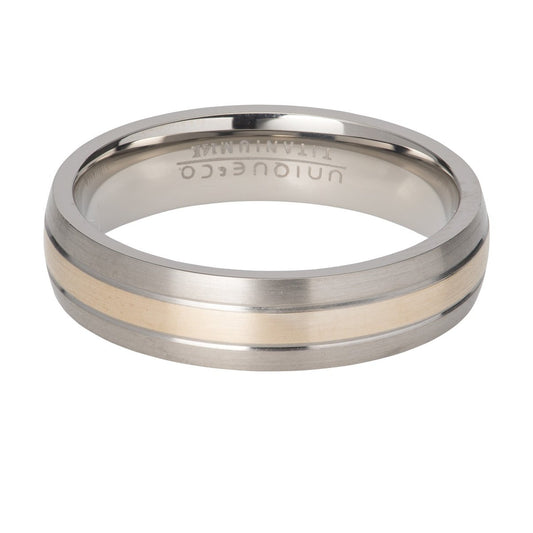 Gents 5.5mm titanium & yellow gold detail ring