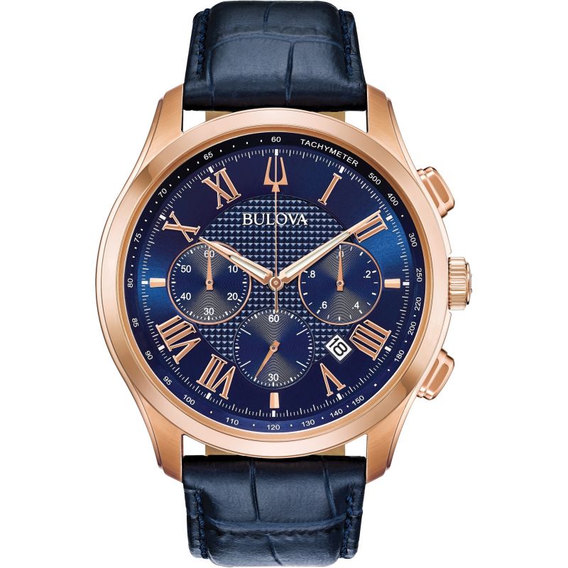 Gents Bulova Wilton Rose Gold Plated Blue Chronograph Dial Leather Strap Watch