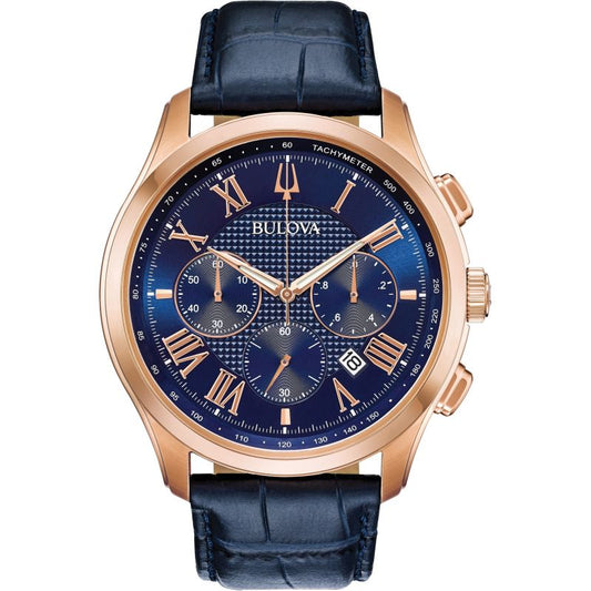 Gents Bulova Wilton Rose Gold Plated Blue Chronograph Dial Leather Strap Watch