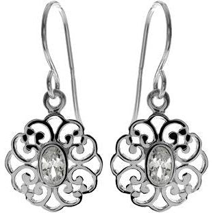 Silver Filligree Design with Oval Cubic Zirconia Drop Earrings