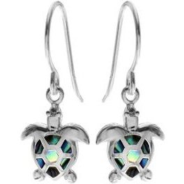 Silver Paua Shell Turtle Drop Earrings.