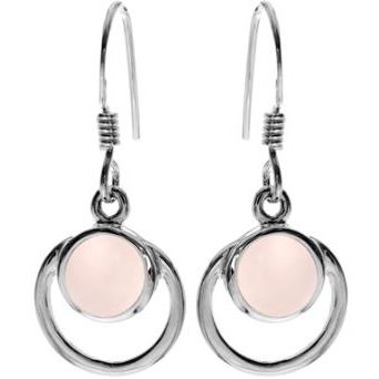Silver and Rose Quartz circle frame drop earrings.