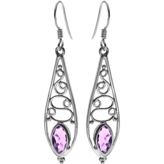 Silver and amethyst long patterned teardrop drop earrings.