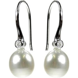 Silver and Freshwater Pearl and Cubic Zirconia Drop Earrings.
