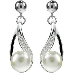 Silver, Freshwater Pearl and Cubic Zirconina Drop Earrings