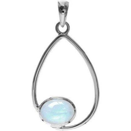 Silver and Rainbow Moonstone open teardrop pendant.