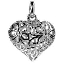 Silver flower design filigree puffed heart pendant.