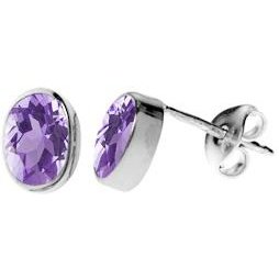 Silver & amethyst facet oval stud earrings.