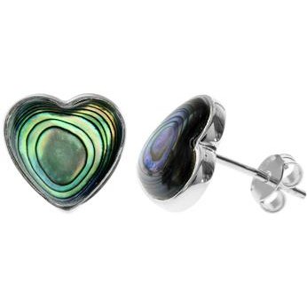 Silver and paua shell heart stud earrings.