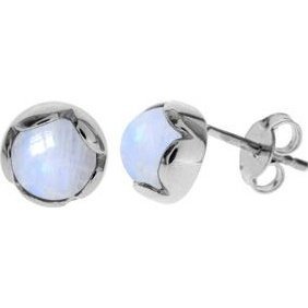 Silver and rainbow moonstone round stud earrings.
