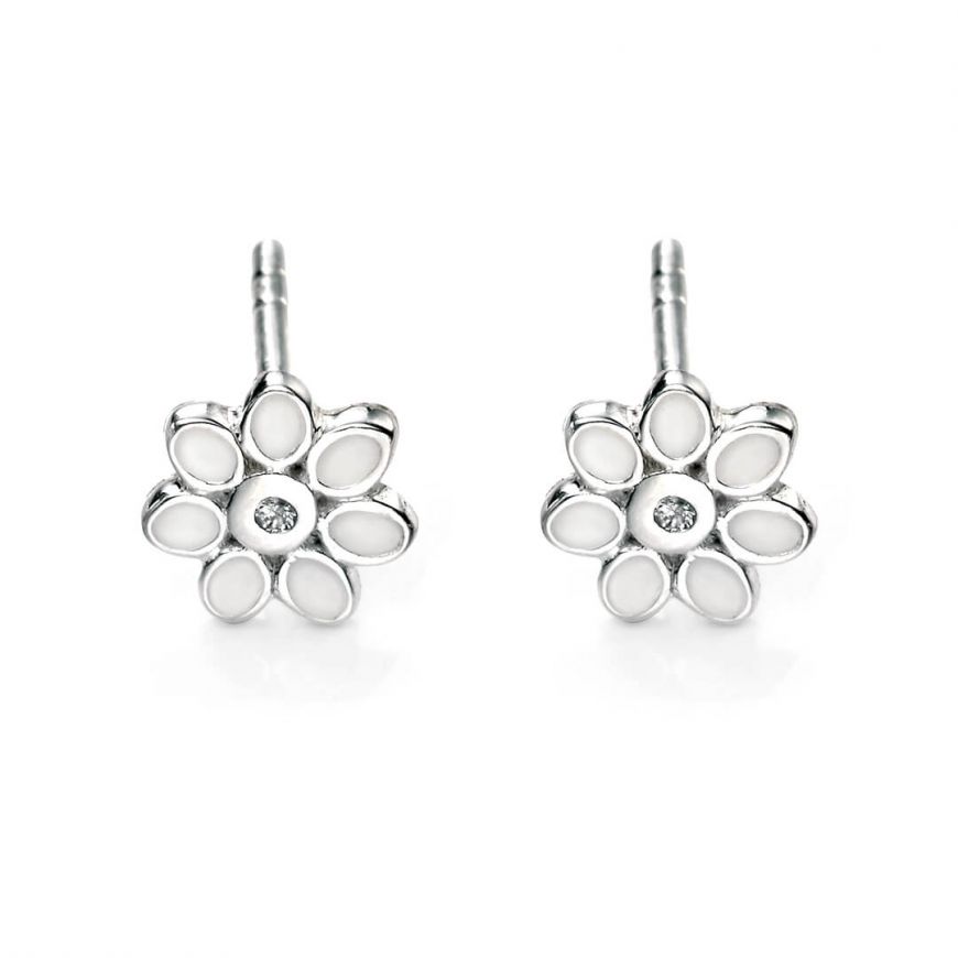 D For Diamond Silver And Diamond Flower Stud Earrings