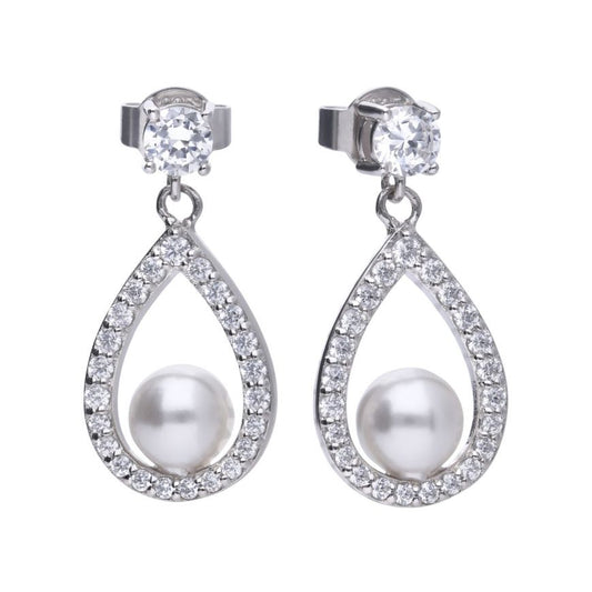 Diamonfire Silver, Pearl And Cubic Zirconia Teardrop Drop Earrings.