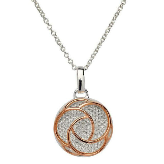 Silver, rose gold detail and cubic zirconia round pendant