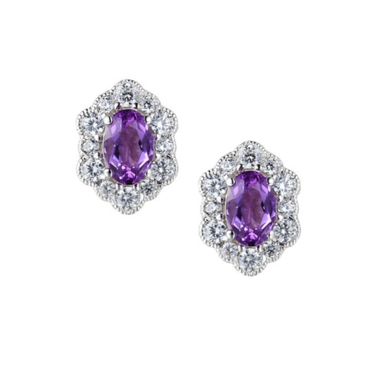 Silver With Amethyst And Cubic Zirconia Stud Earrings