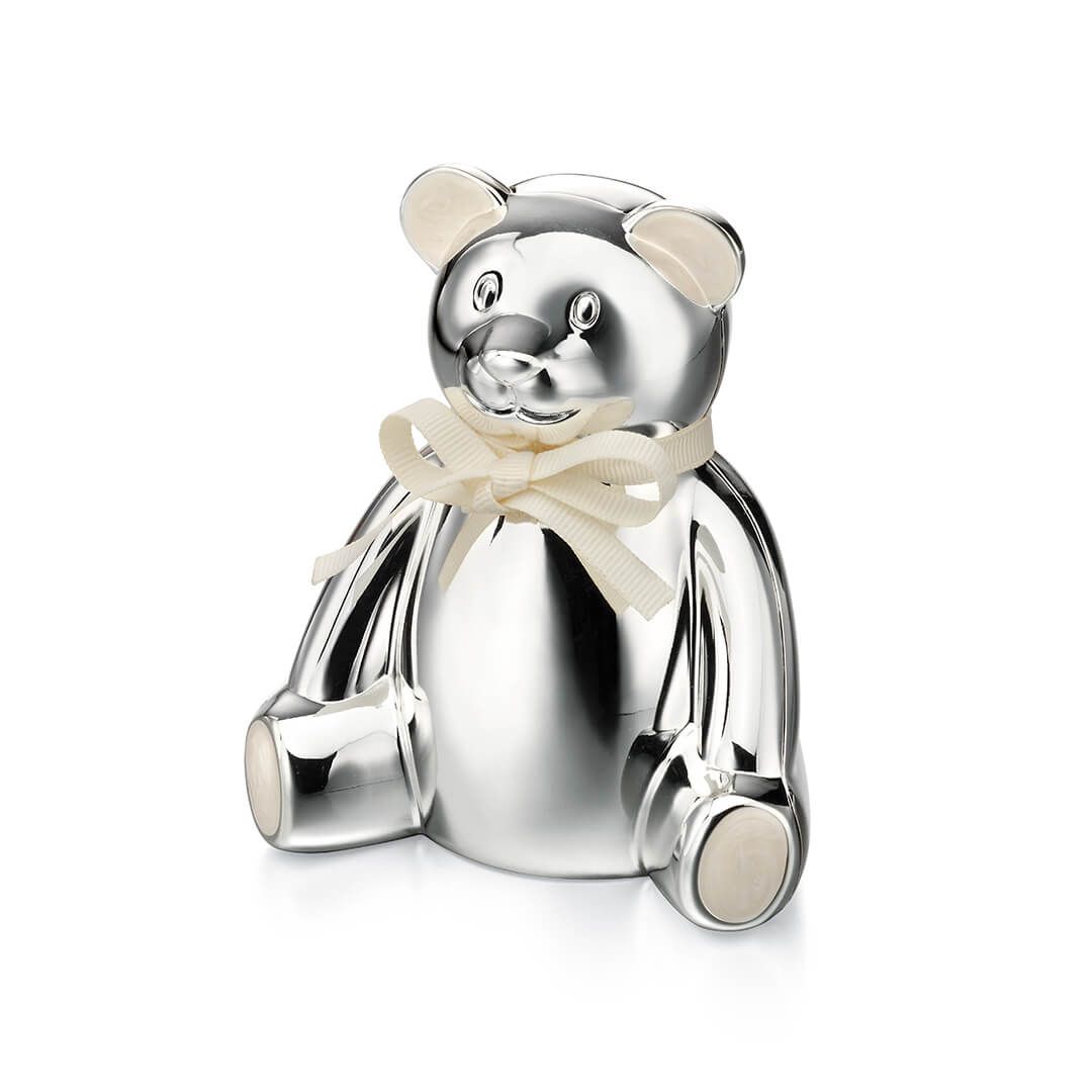 D For Diamond Silver Plated Teddy Bear Money Box