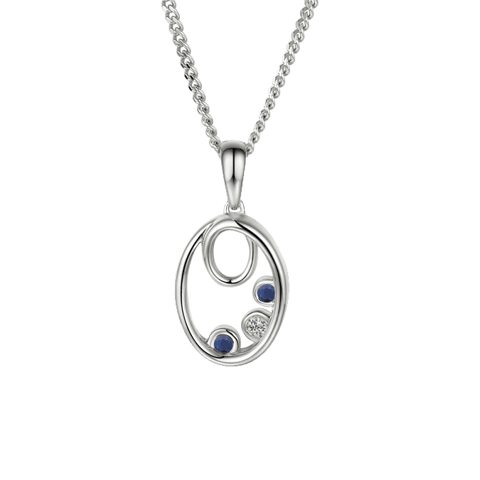 Real silver, sapphire and cubic zirconia oval pendant