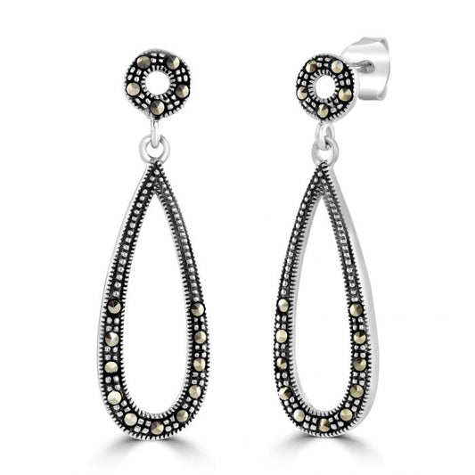 Silver and Marcasite long open teardrop drop earrings