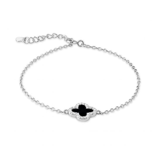 silver and onyx clover bracelet with cubic zirconia
