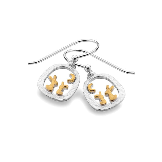 silver and gold plated detail rabbit and moon drop earrings