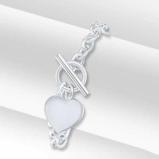 Silver Cable Bracelet with T-Bar & Heart Charm.