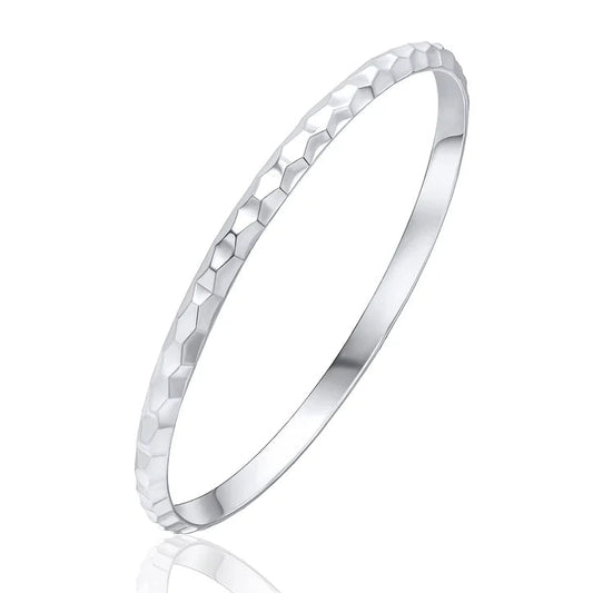 Silver Solid D Shaped Bangle With Raised Honeycomb Pattern