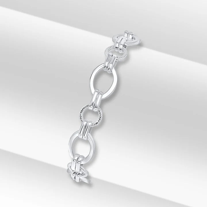 Silver 8.7mm Handmade Double Oval & Round Textured Chain bracelet