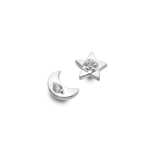 Silver moon and star stud earrings with Cubic Zirconia