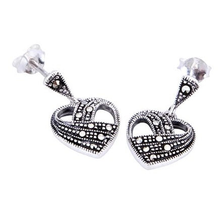 Silver and marcasite heart layered drop earrings
