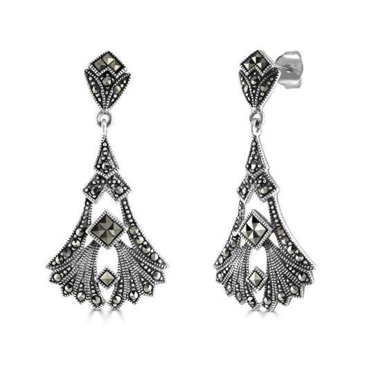 Silver and Marcasite fan shaped drop earrings