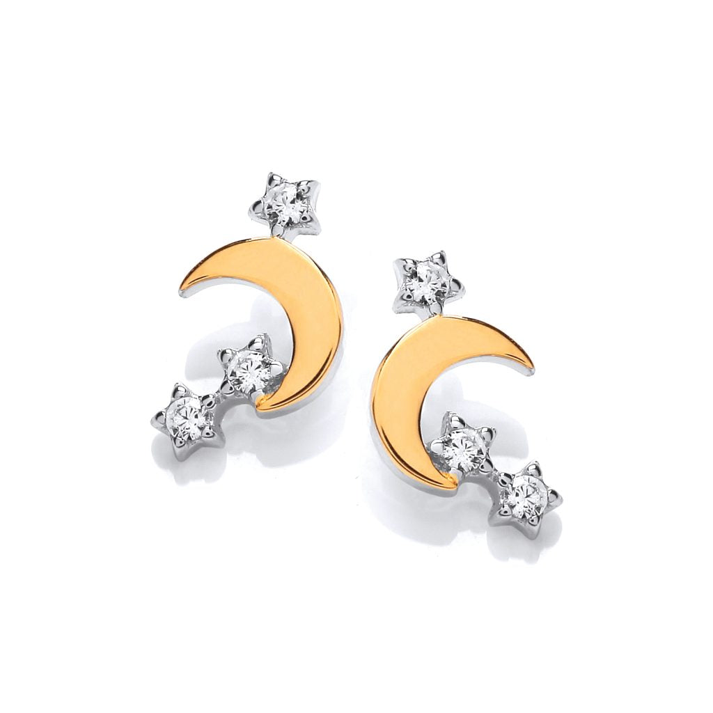 Silver, Cubic Zirconia & Gold detail Moon Earrings